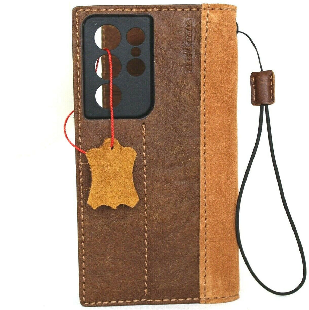 Genuine leather Samsung Galaxy S21 Ultra 5G wallet case by DAVISCASE with card slots, ID window, suede interior, and wireless charging.