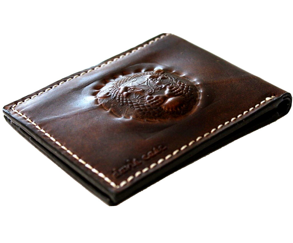 Men's genuine leather wallet by DavisCase with credit card slots, bill compartment, handcrafted in brown leather featuring lion and tiger details.