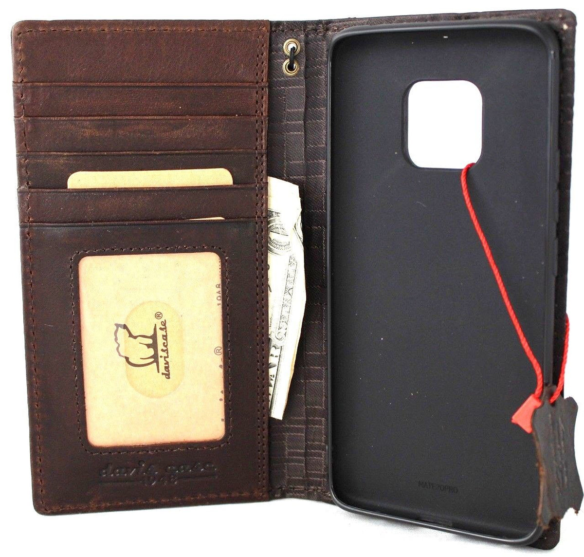 Handmade genuine leather wallet case for Huawei Mate 20 Pro by DAVISCASE, featuring retro style and wireless charging compatibility.