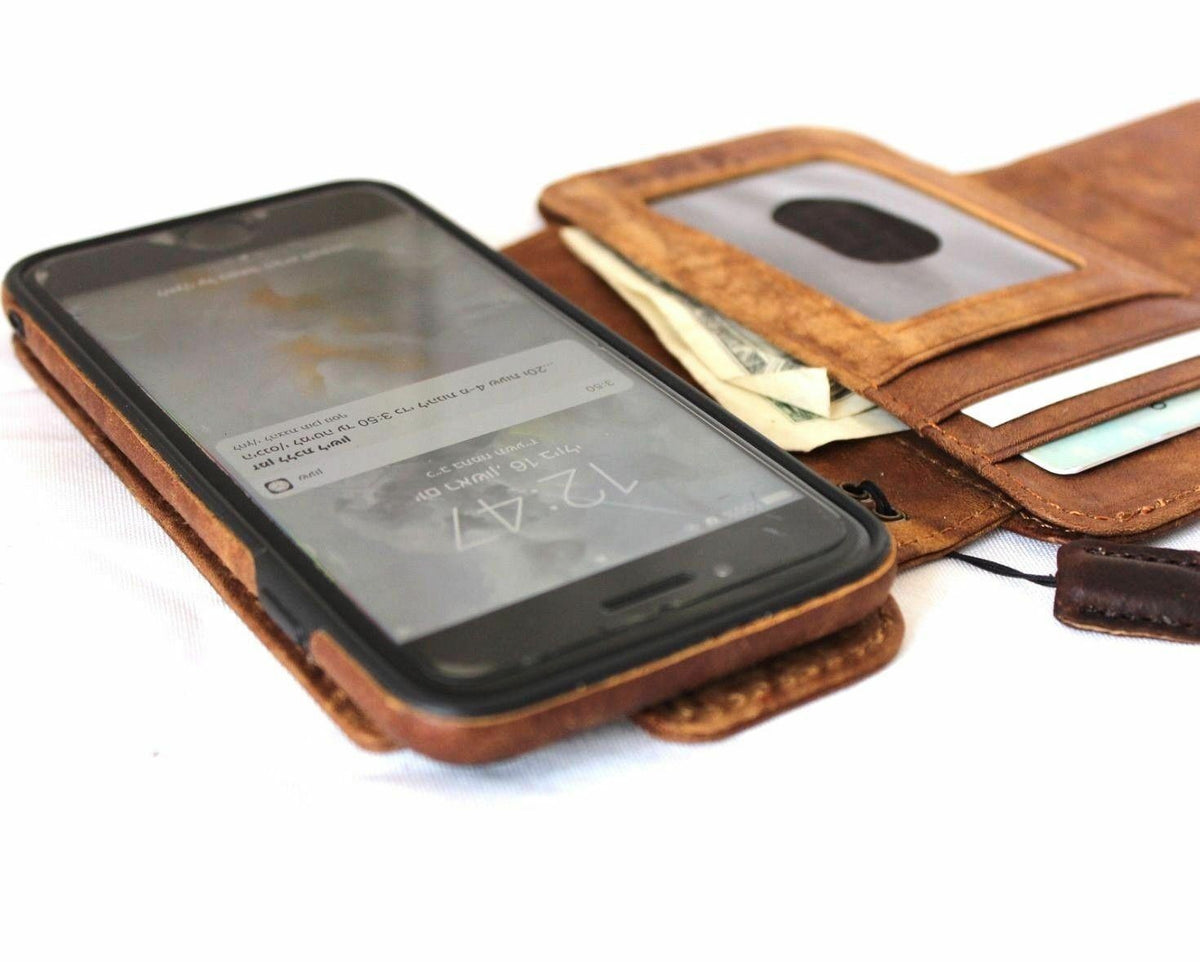 DavisCase genuine full leather wallet phone case for iPhone SE 2 2020, with card slots, magnetic closure, and detachable cover.