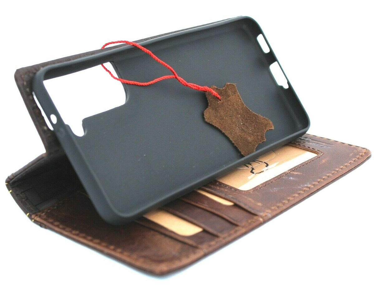 DavisCase genuine leather Galaxy S21 Bible design wallet cover with card slots, ID window, and wireless charging holder.