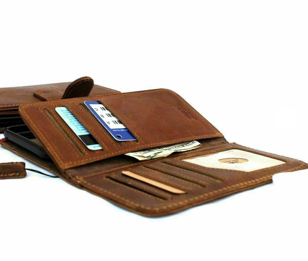 Genuine full leather Samsung Galaxy Note 10 Plus wallet case with luxury slots, magnetic closure, removable design, and rubber window.
