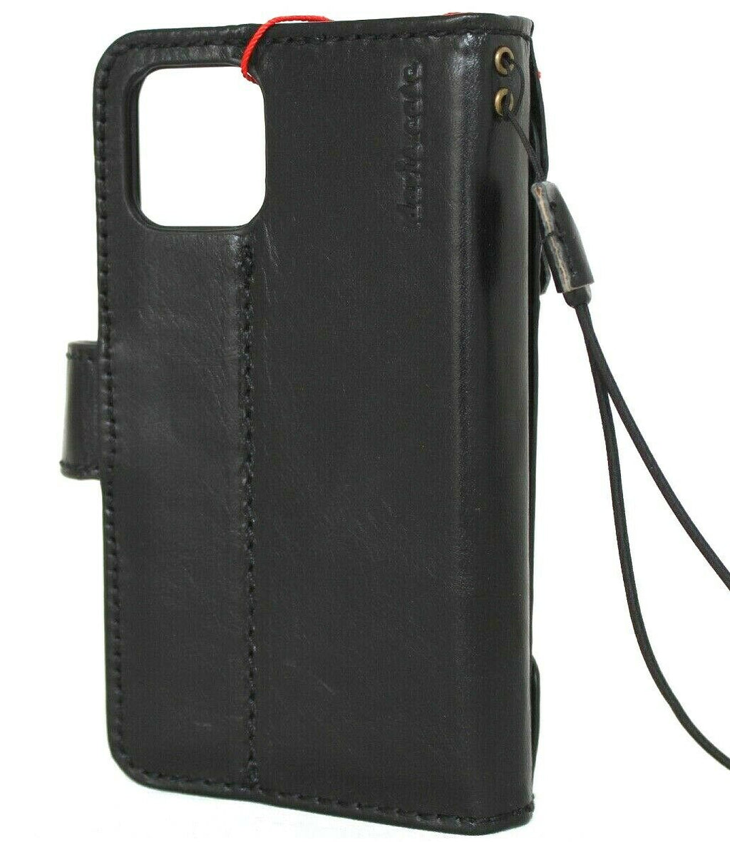 Vintage black leather case for Apple iPhone 12 Mini with card slots and soft closure, handcrafted by DAVISCASE.