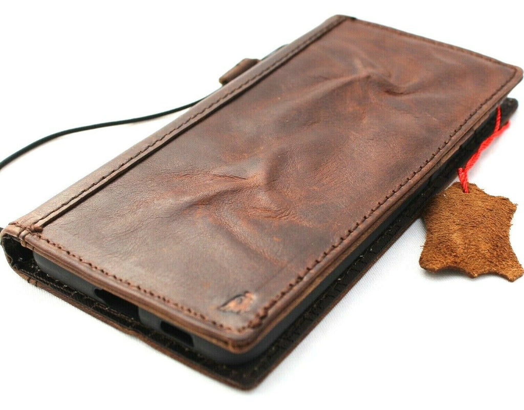 Genuine dark vintage leather wallet case for Samsung Galaxy S22 Plus 5G with ID window, card slots, and wireless charging holder by DavisCase