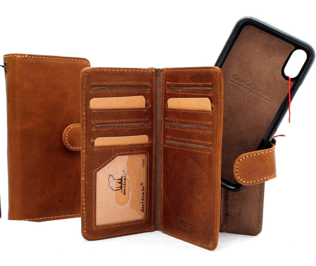 Tan genuine leather wallet case for Apple iPhone XR by DAVISCASE with magnetic detachable credit holder and slim, soft design