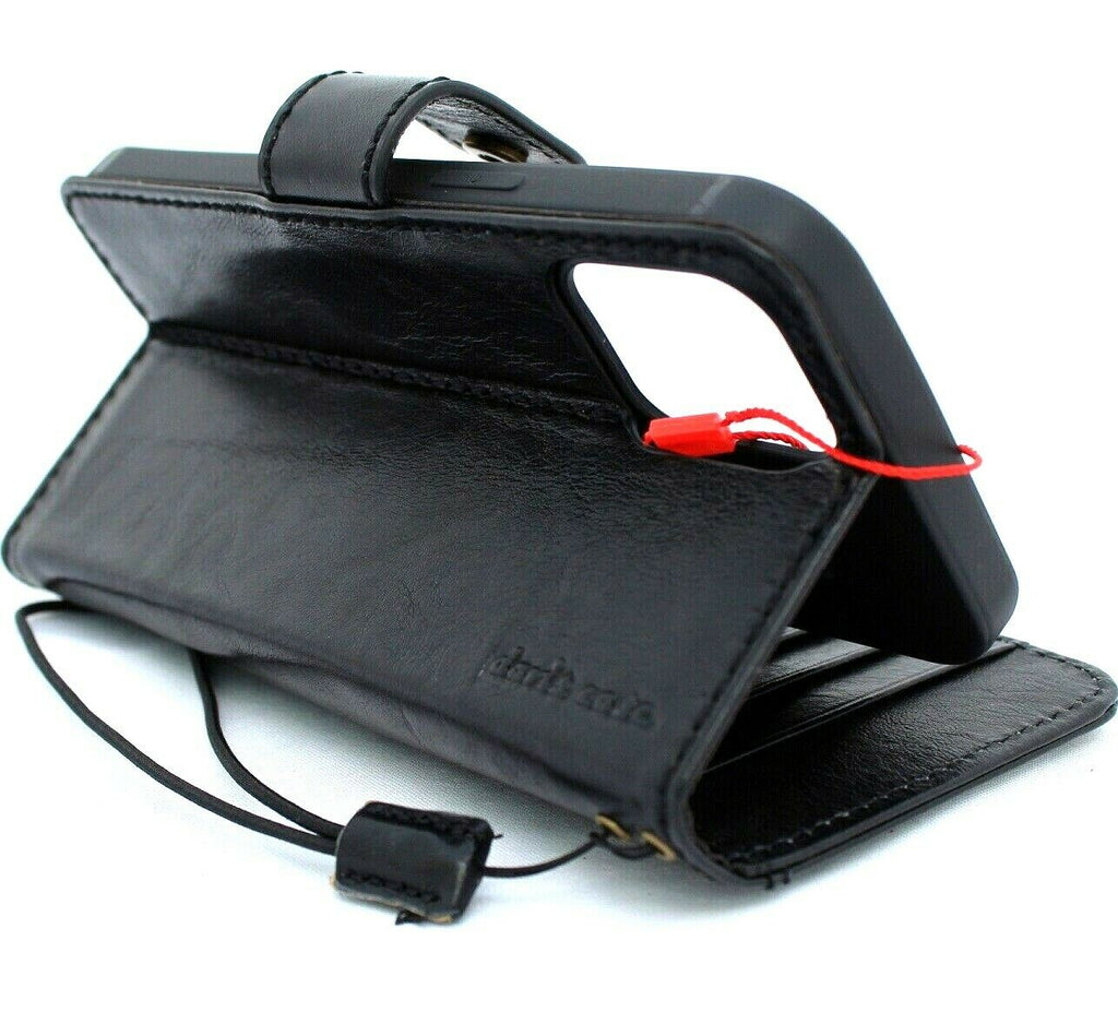 Genuine black leather phone case for iPhone 12 Pro Max, DavisCase vintage style book wallet with ID window and credit card slots