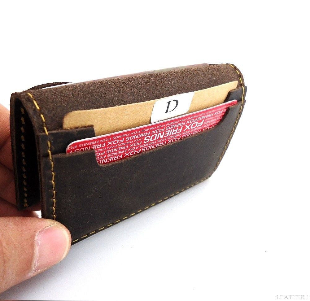 Men's full leather bifold card case with 4 card slots, 2 slip pockets, slim brown wallet, designed for back pocket use.