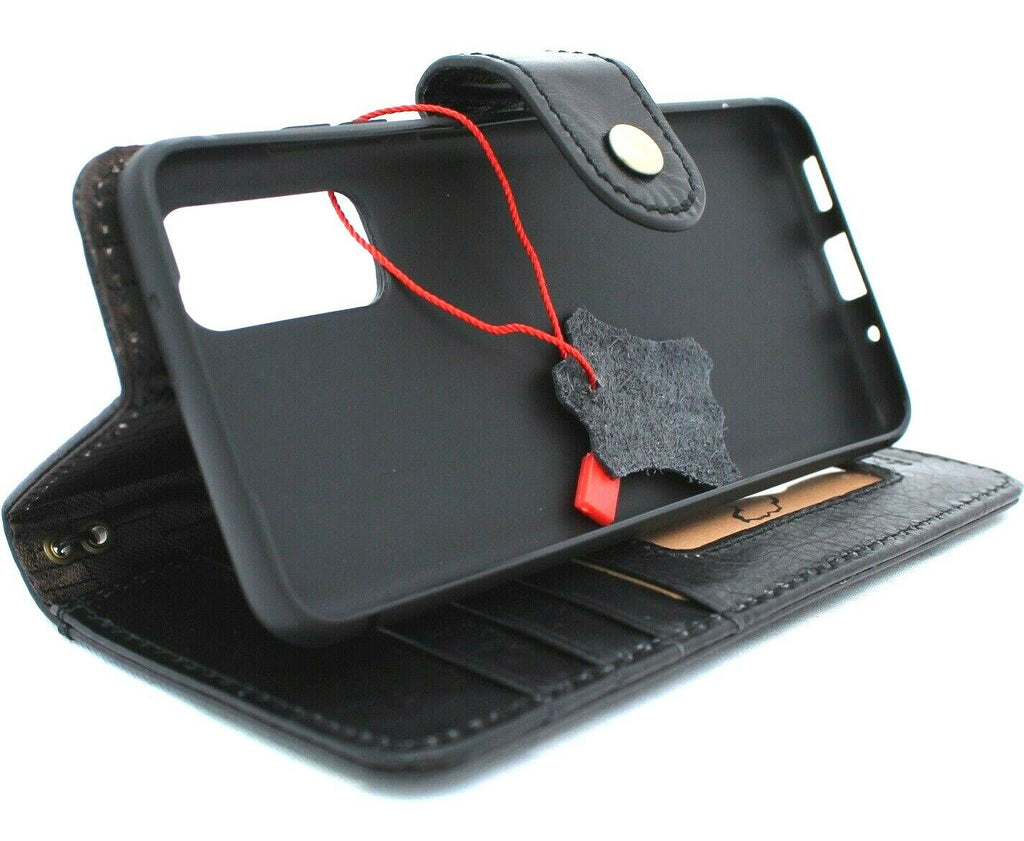 Genuine black leather Samsung Galaxy S20 wallet case with ID window, handmade by DavisCase, featuring rubber holder and wireless charging.