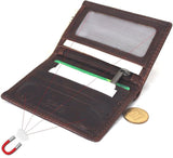 Herren-Mini-Geldbörse aus echtem Leder, maximal schlank, Kartenfächer, Münzen, Reißverschluss, magnetisch, braun, weiches Daviscase