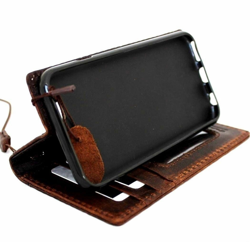 Brown genuine leather iPhone SE 2 case with wallet card slots, slim design, business style, compatible with wireless charging.