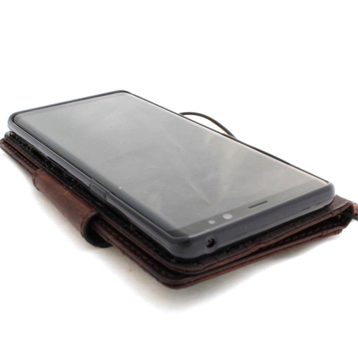 Genuine vintage leather LG G7 phone case with wallet-style design, magnetic cover, soft stand, handmade luxury holder