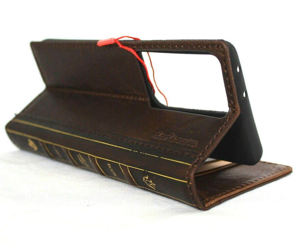 Genuine leather Samsung Galaxy S21 Ultra 5G wallet case by DAVISCASE with card slots, ID window, Bible design, and rubber stand feature.