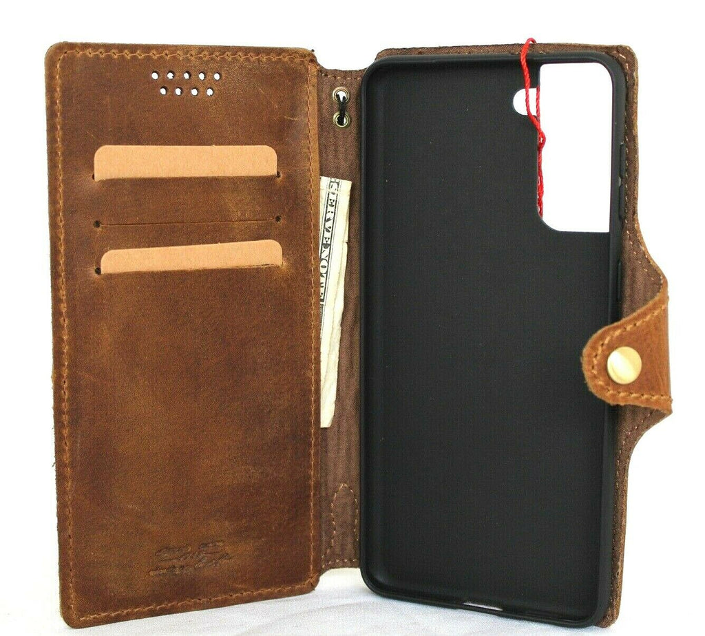Genuine vintage leather Galaxy S21 Plus case by DAVISCASE with soft wallet cover, card holder, rubber interior, tan color.