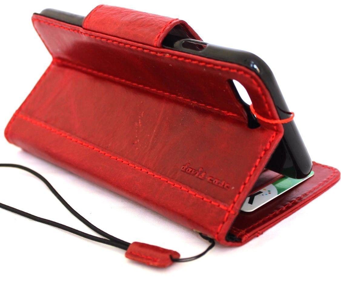 Red genuine leather iPhone SE 2 2020 case by DAVISCASE featuring a wallet design with card slots and magnetic closure.