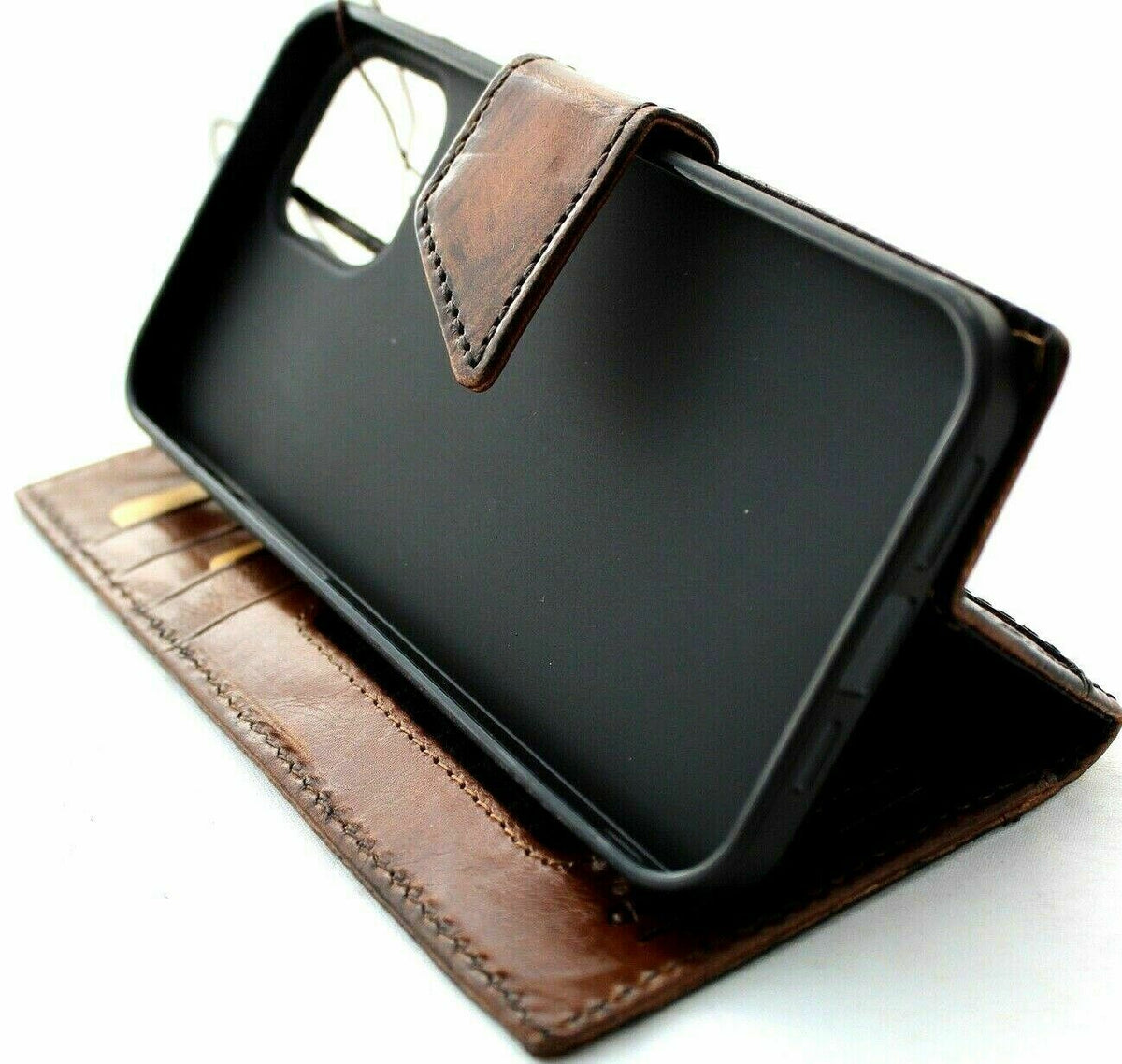 Genuine dark vintage leather iPhone 12 wallet case by DAVISCASE with credit card slots and magnetic closure, soft handmade cover.