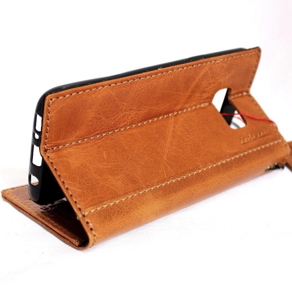 Handmade light brown leather wallet case for Samsung Galaxy S8 Plus, slim vintage book-style cover with card slots.