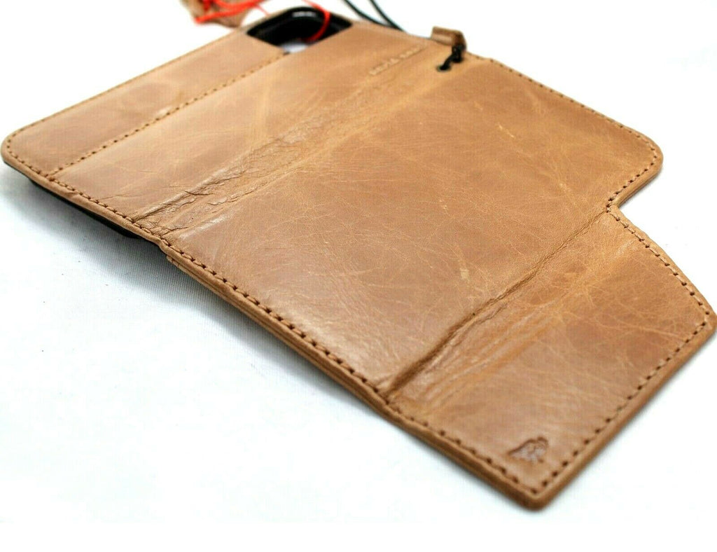 Genuine full tan leather case for Apple iPhone 12 mini by DAVISCASE, vintage-style book wallet with credit card slots and soft closure