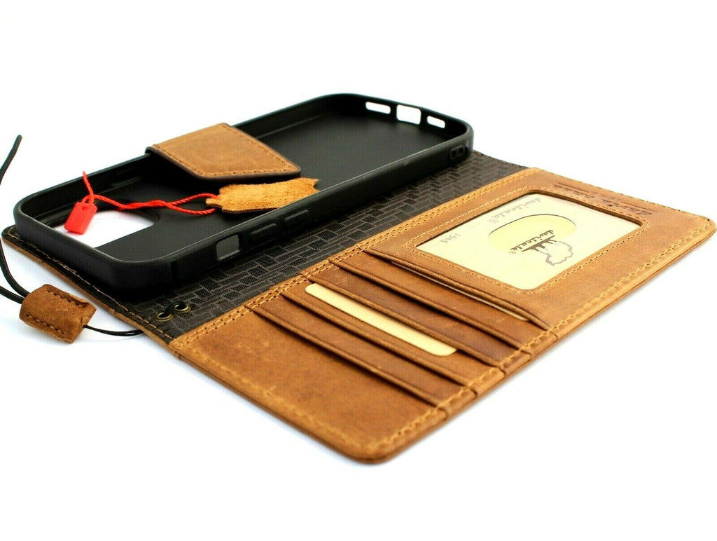 Handmade DAVISCASE leather phone case for iPhone 13-15 Pro Max, vintage style with credit card slots, full grain leather, magnetic closure