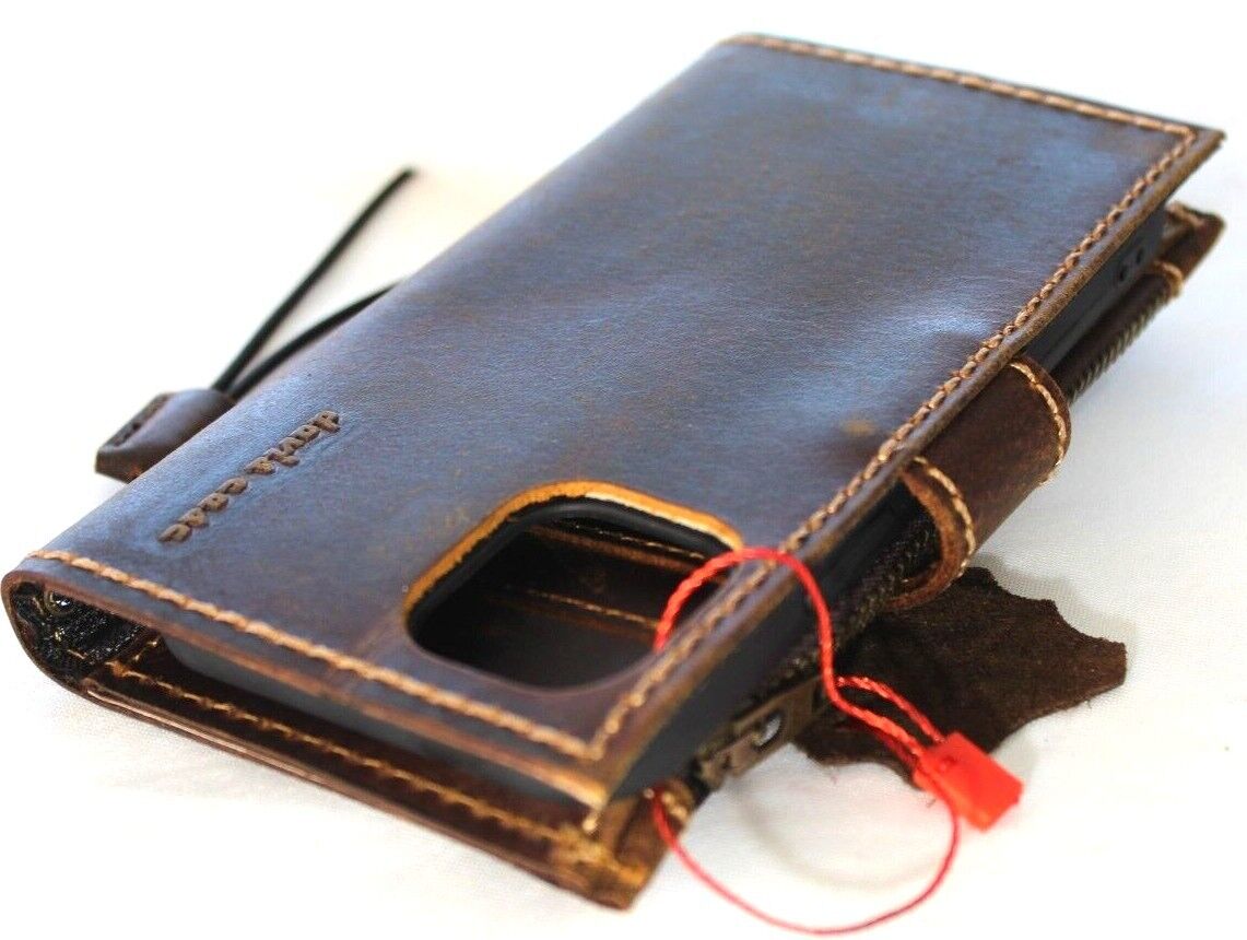 Vintage DAVISCASE genuine leather wallet case for iPhone 11 to 15 Pro Max, with ID window, credit card slots, zipper, and full grain leather.