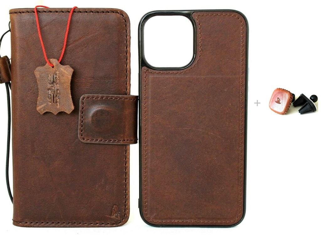 Genuine dark leather iPhone 12 Pro Max case by DAVISCASE with wallet design, ID window, credit card slots, removable magnetic cover