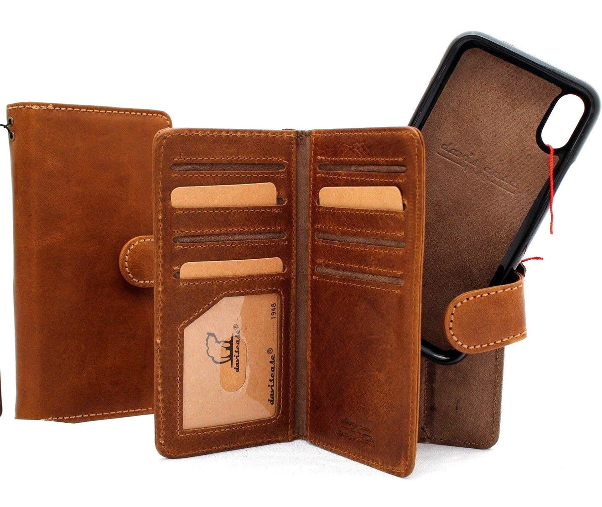 Tan genuine leather Apple iPhone XS case cover with magnetic wallet holder, removable credit card slots, slim and soft Jafo design.