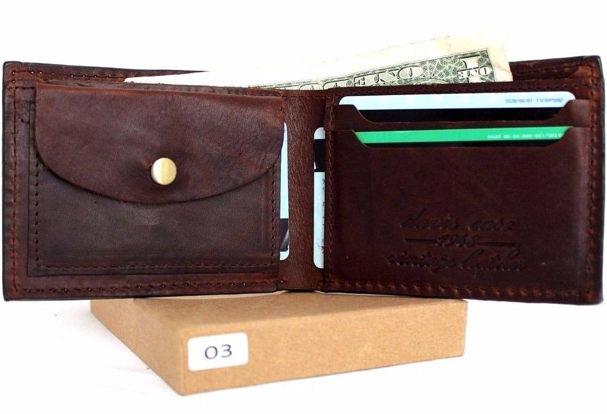 Men's brown leather wallet with 4 credit card slots and a bill compartment, slim bifold design, vendor-unknown brand