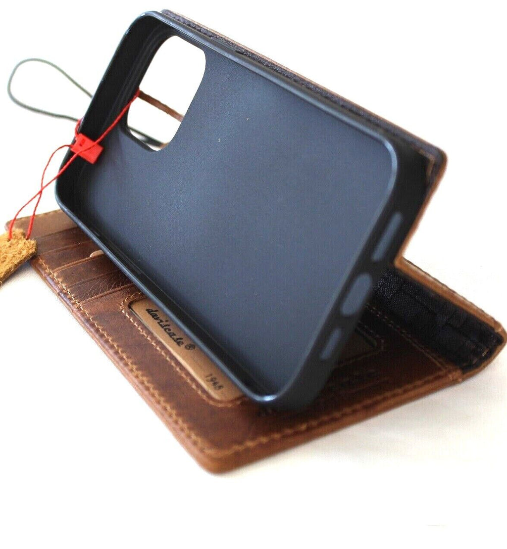 Handmade genuine leather phone case for iPhone 12-17 Pro Max, with card slots and luxury stamped design by DAVISCASE.