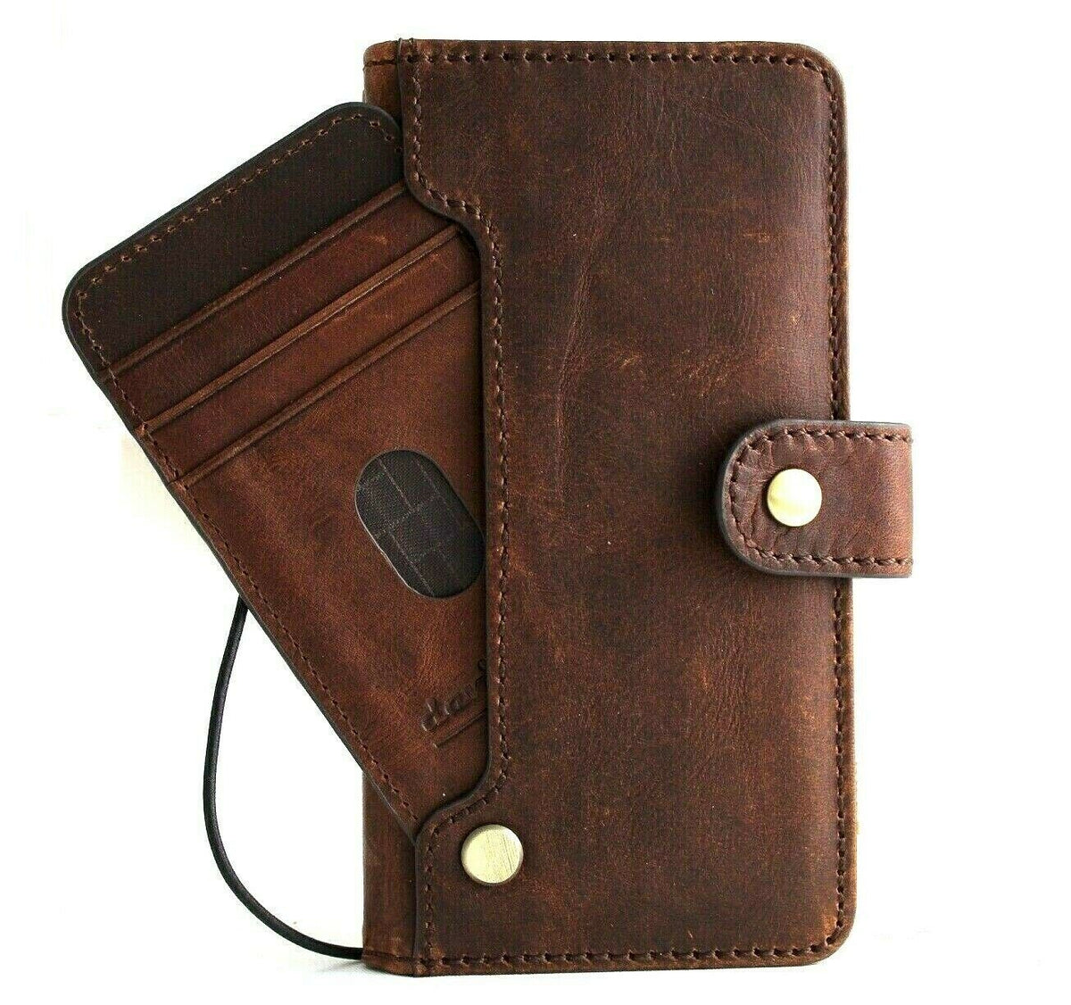 Dark brown genuine Italian leather Samsung Galaxy S21 wallet case with handmade design, rubber holder, and wireless charging compatibility.