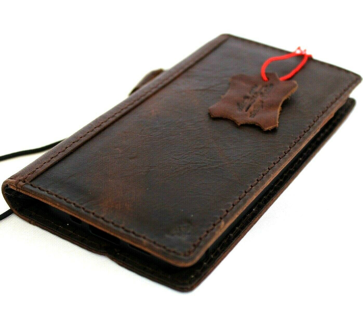 Genuine dark natural leather iPhone 12 Mini wallet case by DAVISCASE, vintage design, slim soft cover with card slots.