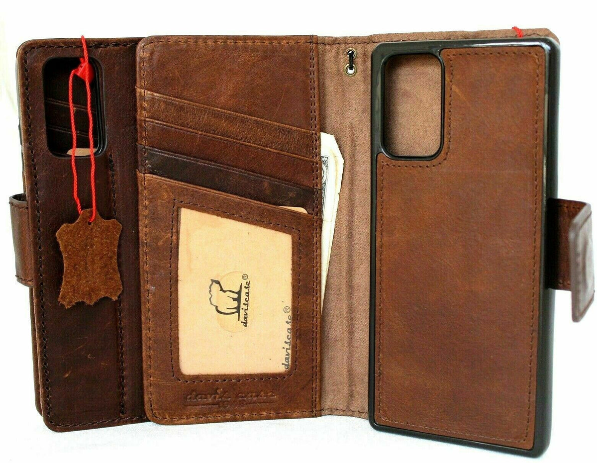 Genuine dark leather Samsung Galaxy Note 20 wallet case with ID window, removable cards, magnetic stand, and car holder from DAVISCASE.