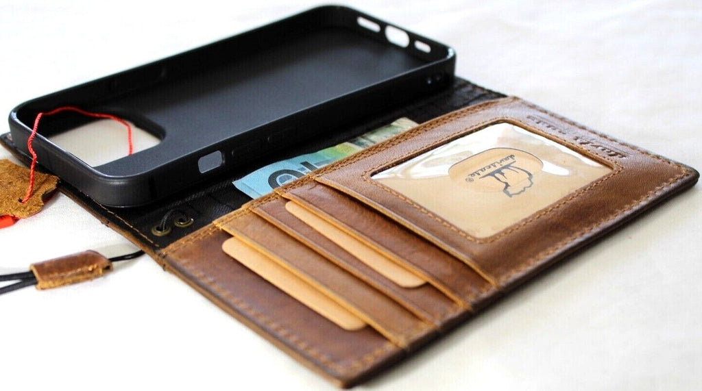 Handmade vintage tan leather phone case with eagle craft design, for iPhone 13-18 Pro Max, from DAVISCASE, with card slots and wallet features.