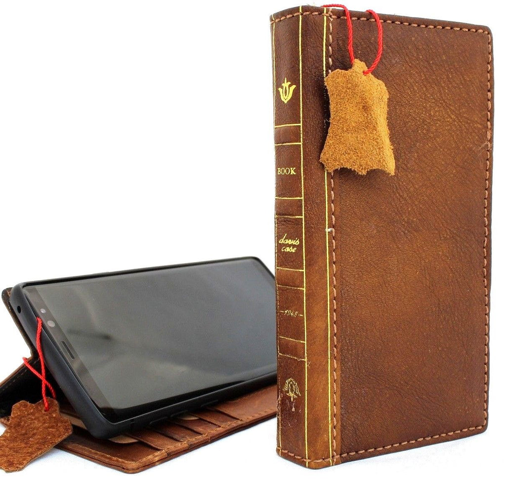 Tan vintage leather wallet case for Samsung Galaxy Note 9, DAVISCASE handmade phone cover with card slots and slim design.
