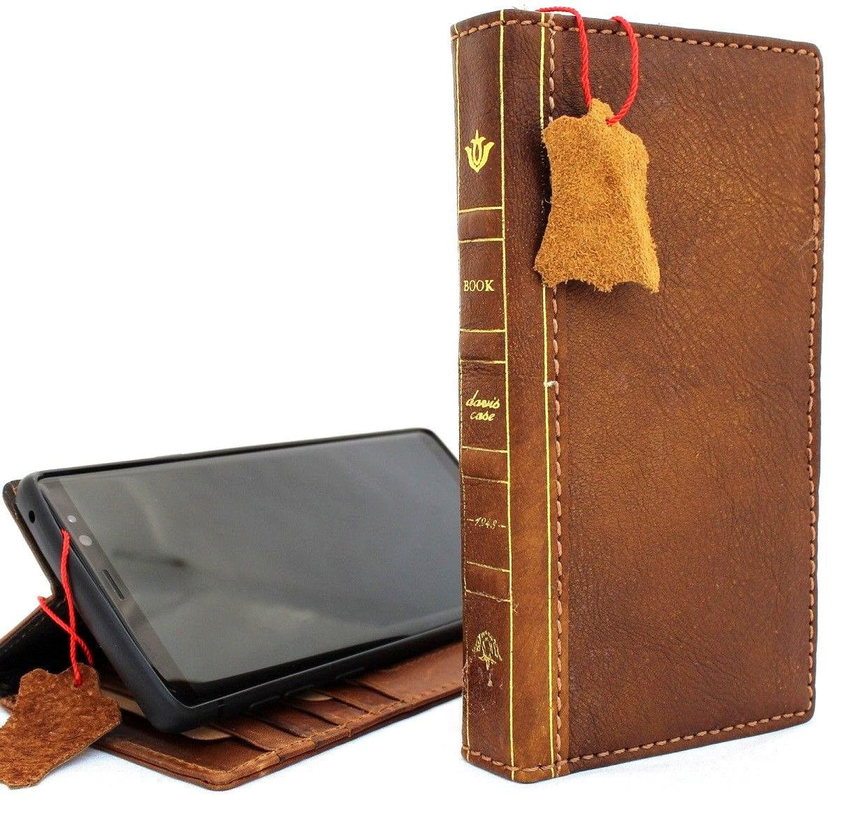 Tan vintage leather wallet case for Samsung Galaxy Note 9, DAVISCASE handmade phone cover with card slots and slim design.