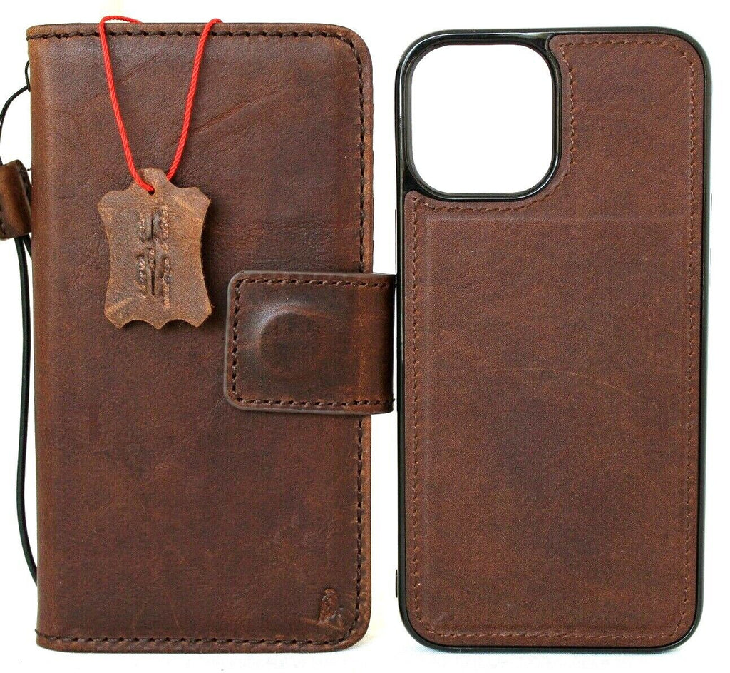 Handmade genuine leather phone case for iPhone 13-17 Pro Max, with wallet and magnetic retro art design by DAVISCASE.