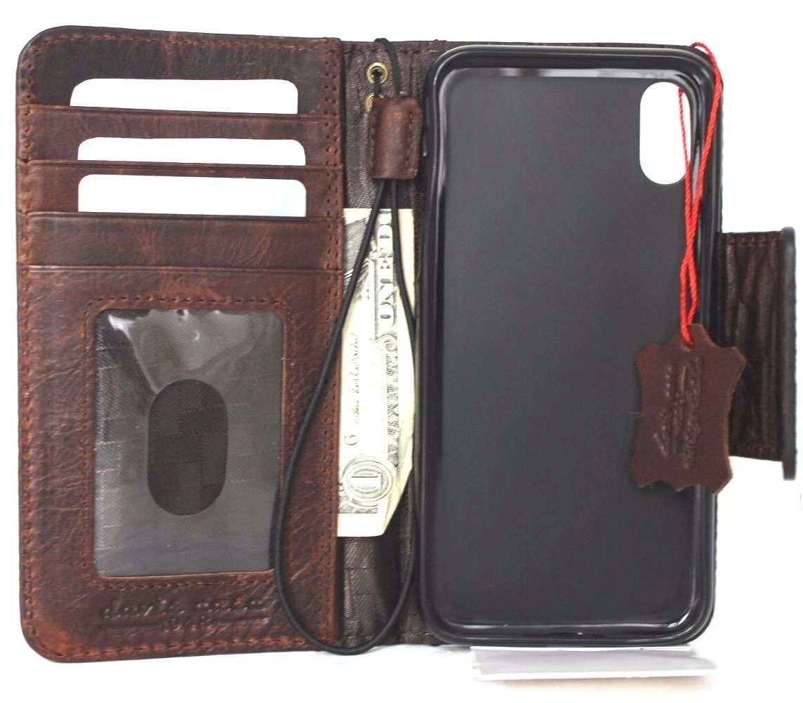 Vintage brown genuine leather iPhone X case with wallet design, card slots, magnet closure, slim handmade cover by Daviscase