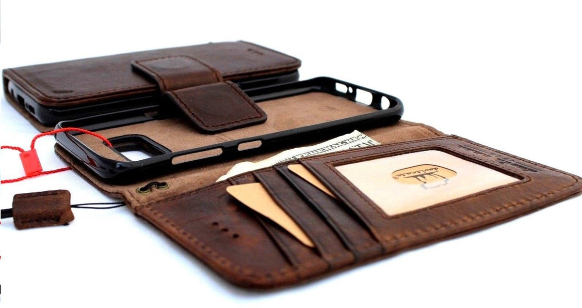 Genuine full leather Samsung Galaxy S10 Plus wallet case by DAVISCASE with card slots, ID window, magnetic strap, and detachable cover.