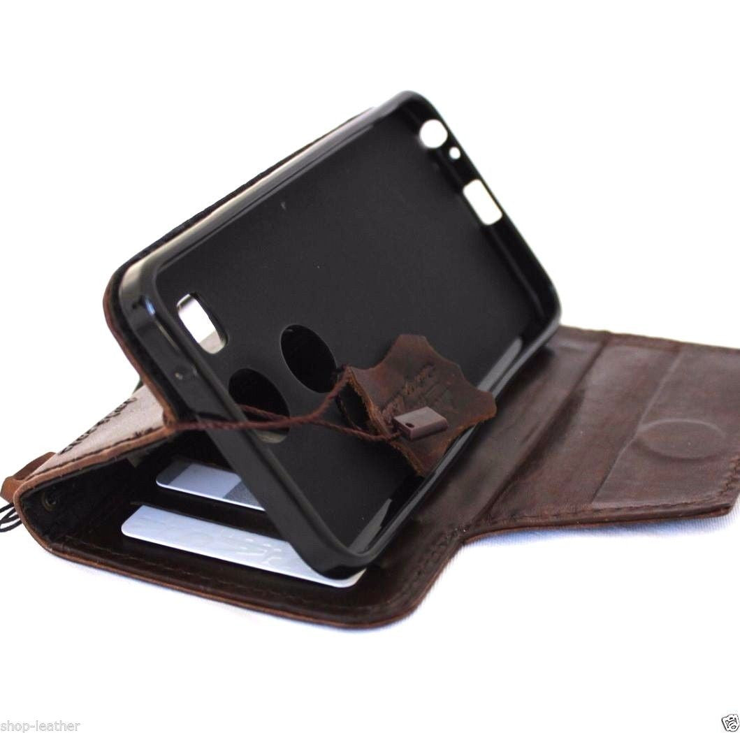 Dark brown genuine Italian leather phone case for LG Nexus 5X with card slots, slim wallet-style cover, handmade by DavisCase.