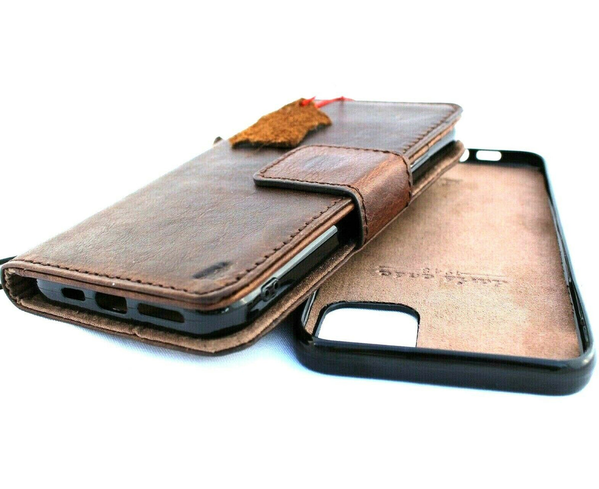 Handmade leather phone case for iPhone 11 Pro Max with wallet credit holder, magnetic closure, soft rubber removable cover by DAVISCASE