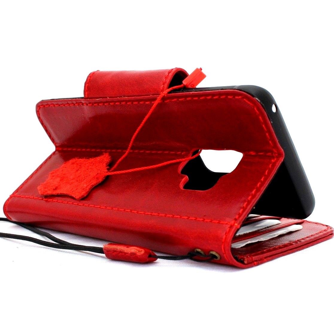 Handmade genuine Italian leather Samsung Galaxy S9 wallet case in red wine, featuring a magnetic cover and oiled finish.