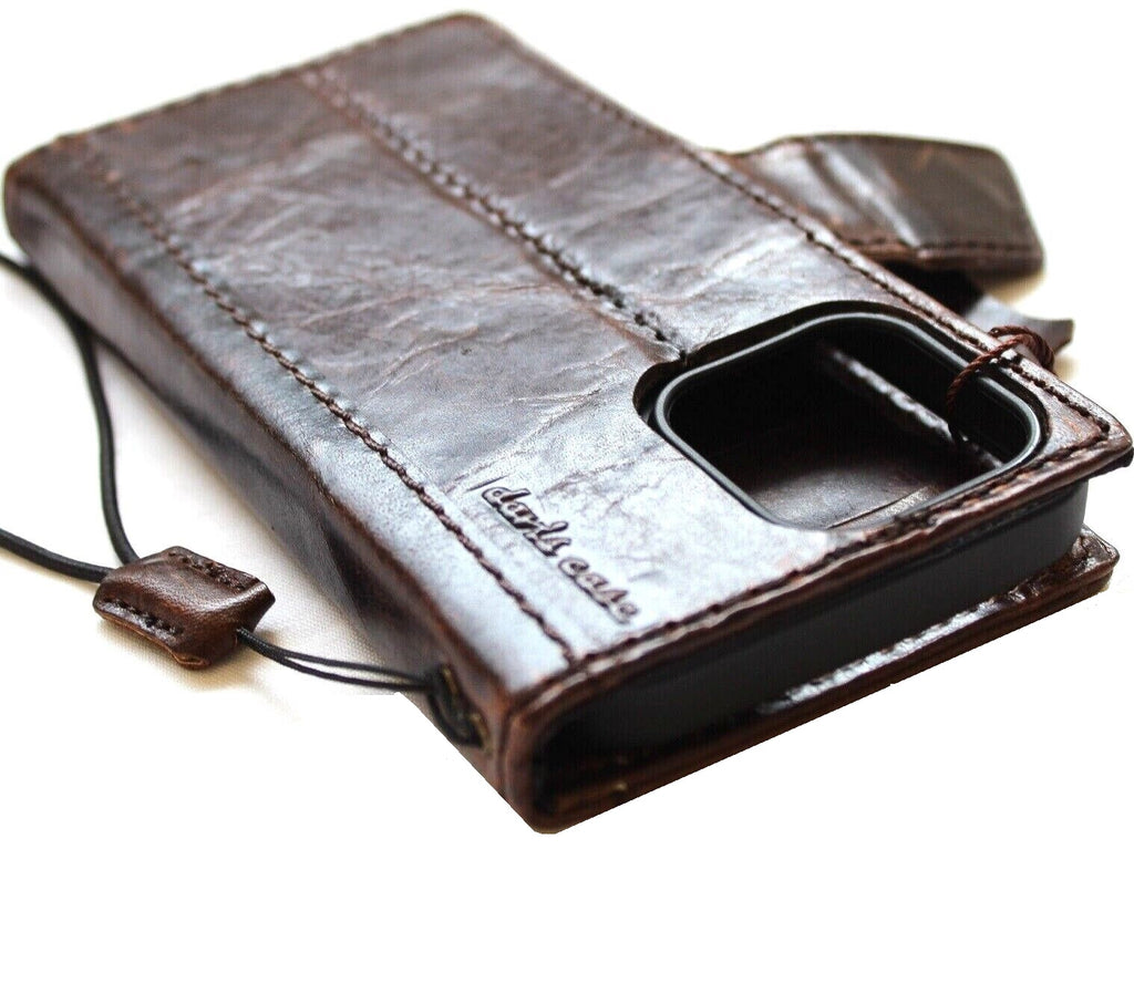 Handmade genuine leather phone case for iPhone and Samsung, vintage dark style with dog paw and cat stamped design, credit card slots