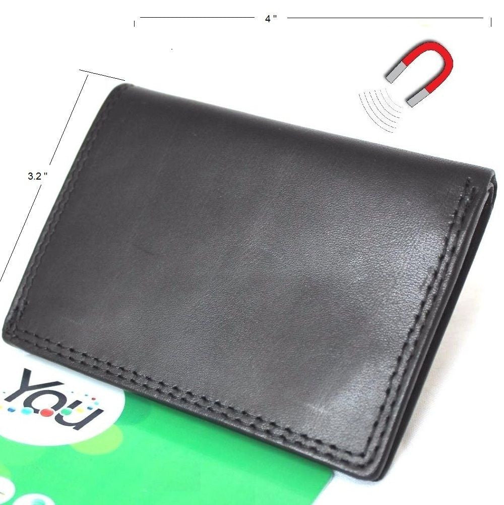 Men's black genuine leather mini wallet with card slots, coin zipper, magnetic closure, slim design, by vendor-unknown