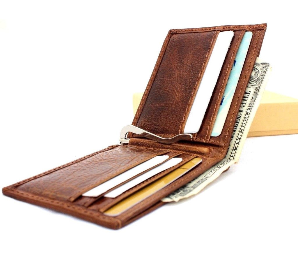 Men's genuine leather wallet with custom embossed name, slim design, handmade credit card holder from Daviscase.