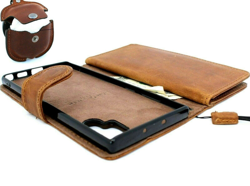 Genuine full leather Samsung Galaxy Note 10 wallet case with window, handmade vintage stand, removable cover, and AirPods 2 compartment