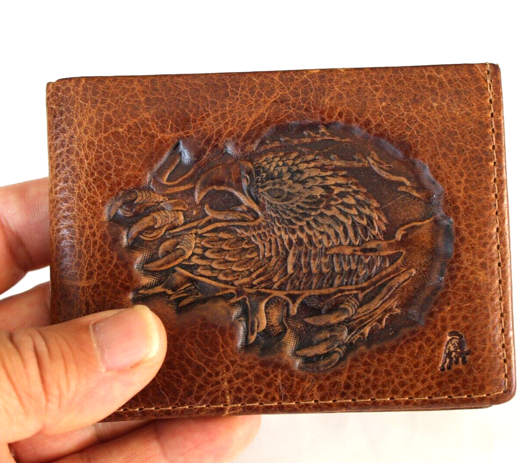 Men's genuine leather wallet with credit card slots and bill compartment, handcrafted in tan leather by DAVISCASE featuring a Tree of Life design.