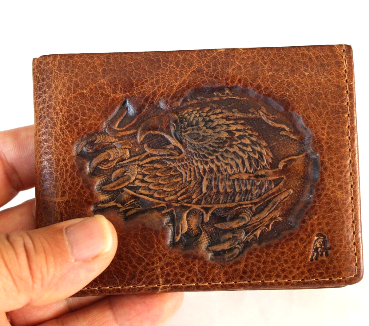 Men's genuine leather wallet with credit card slots and bill compartment, handcrafted in tan leather by DAVISCASE featuring a Tree of Life design.