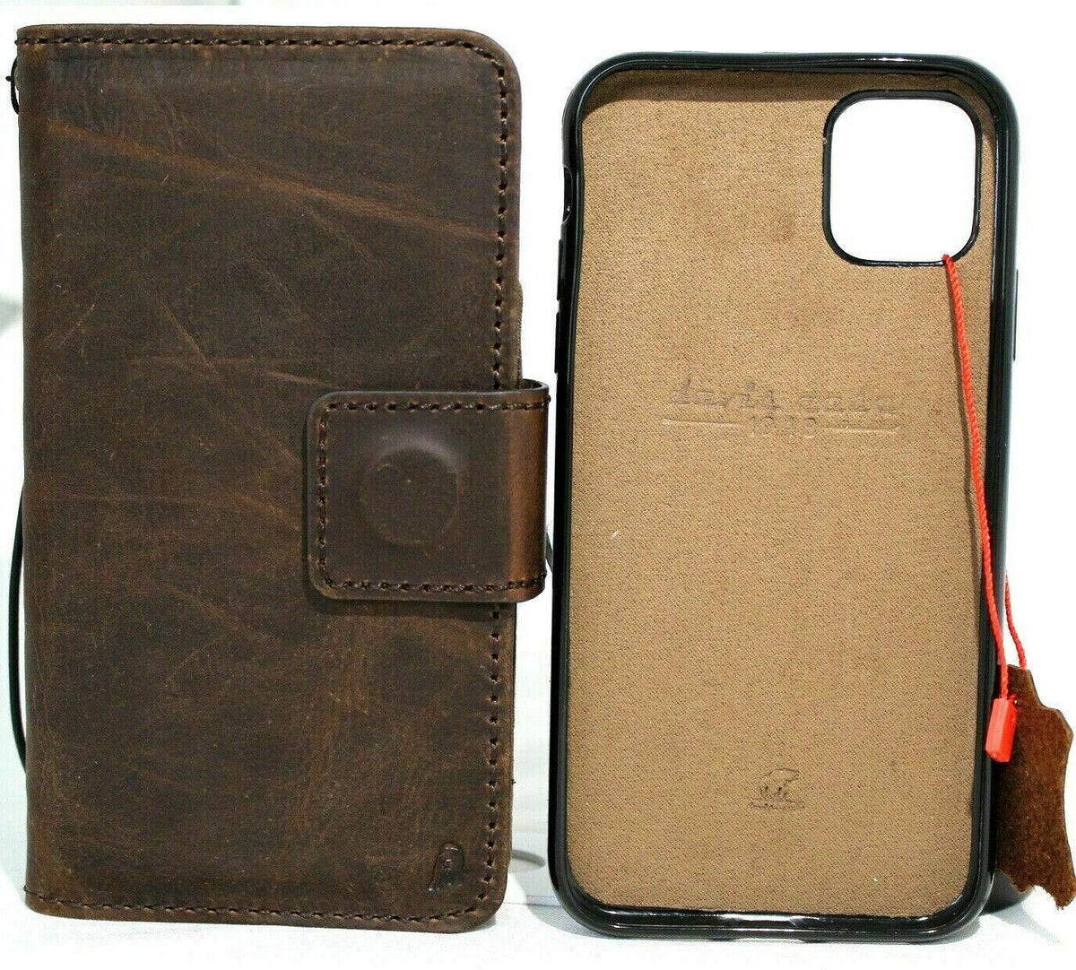 DavisCase genuine full dark leather iPhone 11 Pro wallet case with ID window, credit card slots, and removable holder.