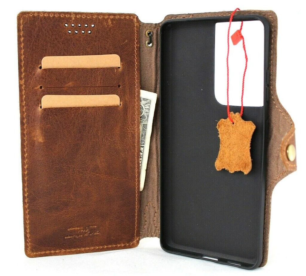 Handmade tan leather wallet case for Samsung Galaxy S21 Ultra 5G by DAVISCASE, featuring a rubber holder and wireless charging compatibility.