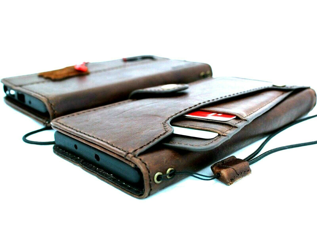 Handmade genuine leather Samsung Galaxy Note 10 wallet case with card slots, button closure, flip design, and rubber strap.
