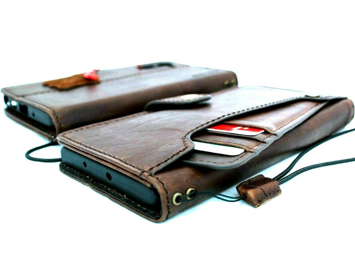 Handmade genuine leather Samsung Galaxy Note 10 wallet case with card slots, button closure, flip design, and rubber strap.