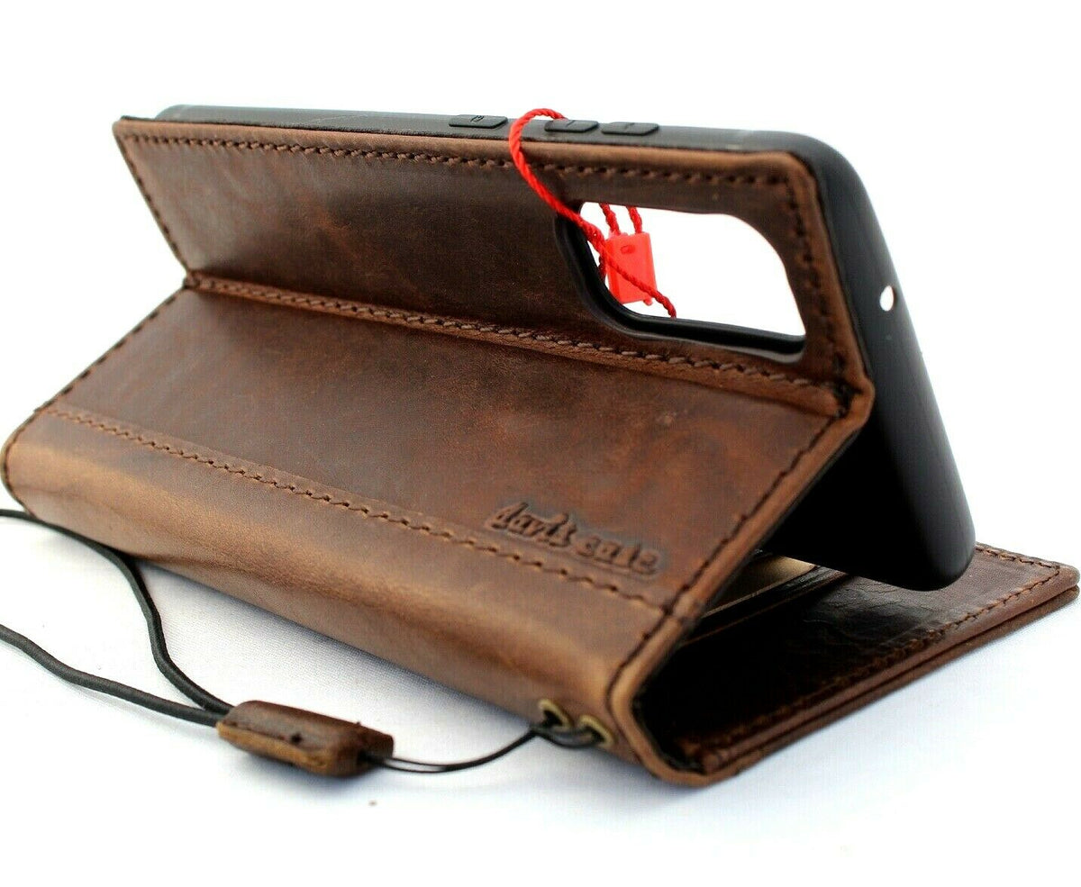 Genuine leather Samsung Galaxy S20 wallet case by DAVISCASE with card slots, wireless charging holder, and luxury rubber ID.